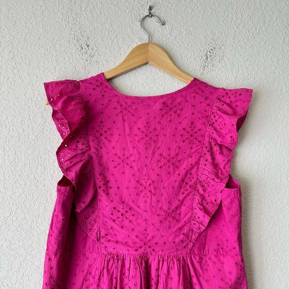 NWT LOFT Lined Petite Eyelet Button Ruffle Swing Dress in Fuchsia - Picture 7 of 12
